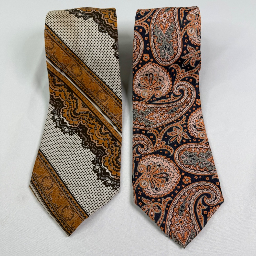 Vintage Oleg Cassini Hughes & Hatcher Mens Tie Lot 2 Paisley Geometric 70s Wide